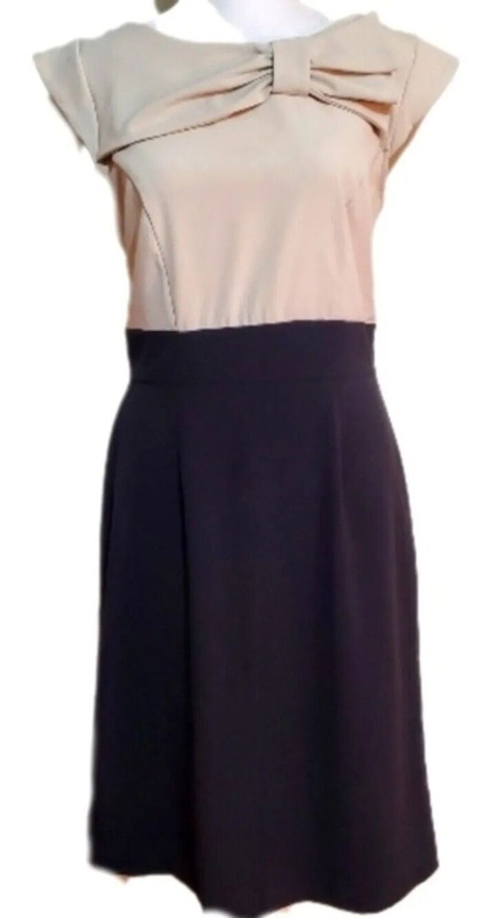 Olivia Matthews Y2k rayon Beige black cap sleeve Bow sheath dress 8